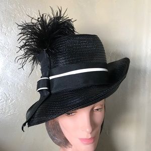 SMART 1960s' BLACK STRAW FEDORA WITH WHITE VINYL TRIM AND BLACK OSTRICH FEATHER